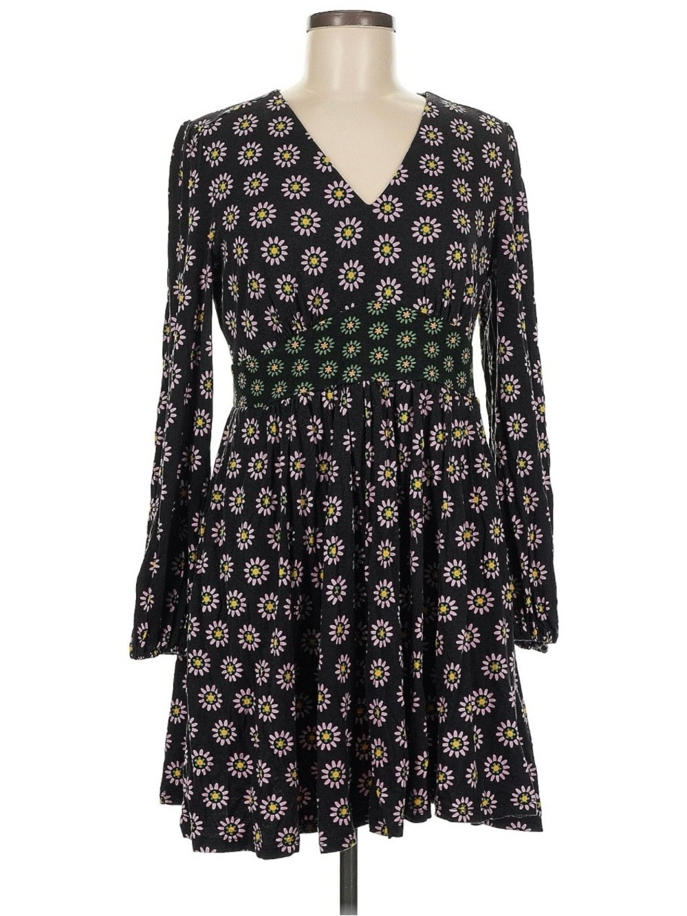 Boden Black Floral V-Neck Long Sleeve Dress size 8 regular